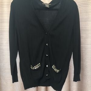 Linda Matthews Black Embellished Pocket Cardigan Sweater -